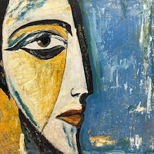 Original Abstract Face Painting | Modern Cubist Portrait | Textured Oil on Canvas | Blue Gold Wall Art | One of a Kind