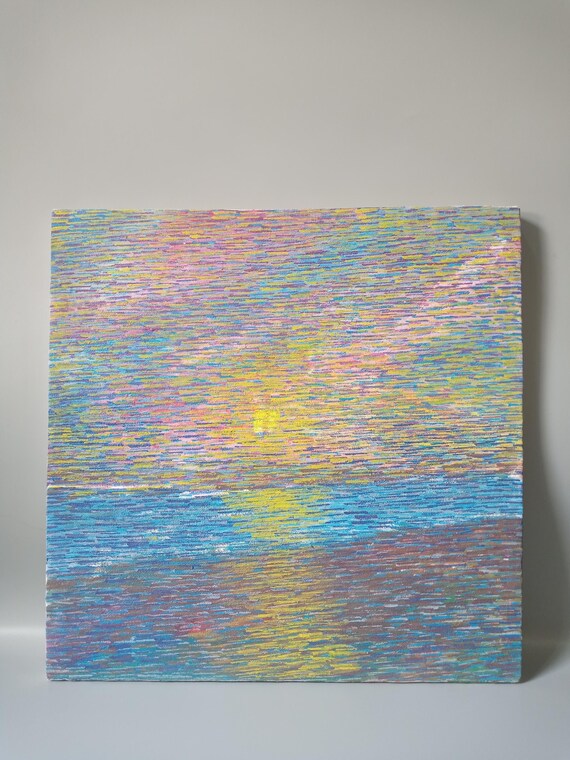 Original Oil Painting, Abstract Ocean Light 14'x14', Colorful Seascape Wall Art, Contemporary Blue Pink Yellow Artwork