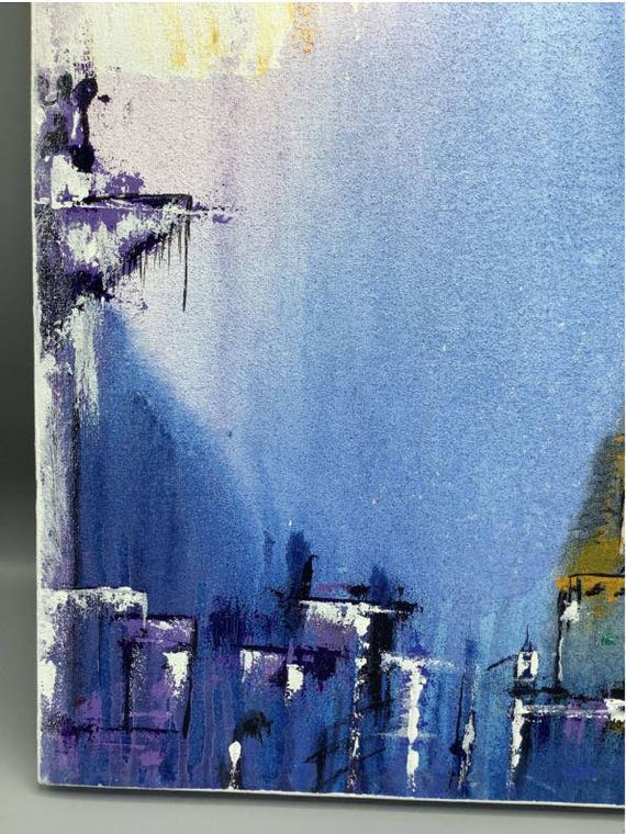 Original Abstract Cityscape Painting, Blue Acrylic on Canvas, Modern Urban Art (18x24 Inch)
