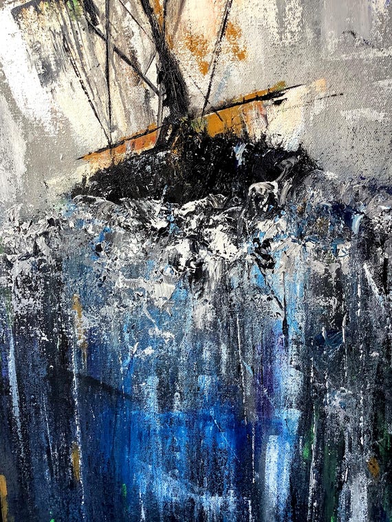 Original Oil Painting Ship at Sea | Textured Abstract Storm Seascape Wall Art