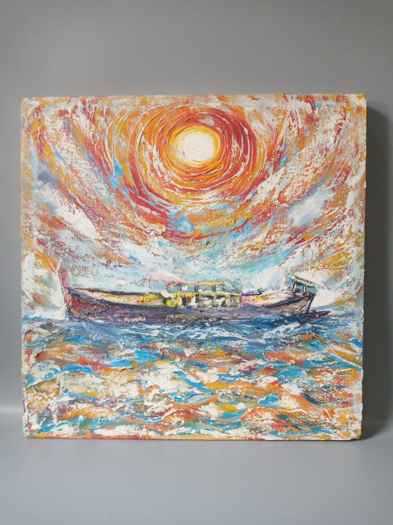 Original Textured Oil Painting Boat at Sea | Abstract Sunset Seascape Wall Art