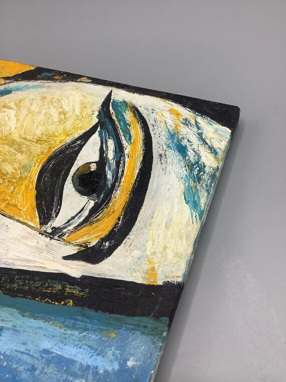 Original Abstract Face Painting | Modern Cubist Portrait | Textured Oil on Canvas | Blue Gold Wall Art | One of a Kind
