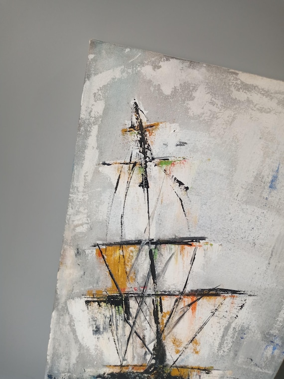 Original Oil Painting Ship at Sea | Textured Abstract Storm Seascape Wall Art