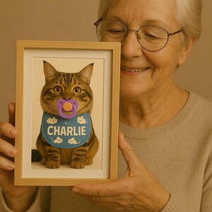 Personalized 3D Pet Portrait with Pacifier and Name Bib | Funny Digital Pet Art | Unique Gift for Dog & Cat Lovers