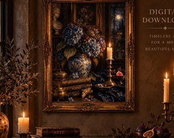 Blue Hydrangea Wall Art, Moody Floral Print, Dark Botanical Wall Art, Dark Academia Decor, Vintage Flower Printable, Digital Download