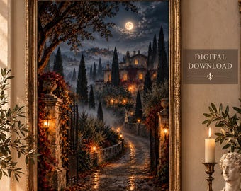 Tuscan Villa Wall Art, Moody Italian Landscape, Tuscany Night Print, Italian Countryside Art, Vintage Italy Decor, Digital Download