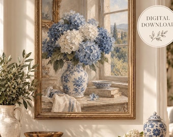 Blue Hydrangea Wall Art, Chinoiserie Floral Print, French Country Wall Art, Blue and White Decor, Vintage Botanical Digital Download