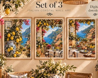Amalfi Coast Wall Art Set of 3, Italian Coastal Prints, Mediterranean Lemon Art, Italian Summer Decor, Italy Printable Wall Art
