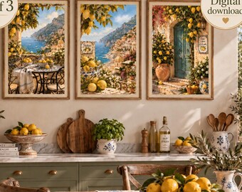 Amalfi Coast Wall Art Set of 3, Positano Lemon Prints, Italian Summer Decor, Mediterranean Coastal Wall Art, Italy Printable Art