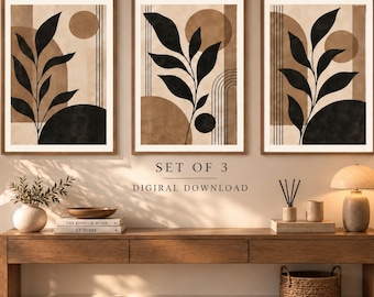 Black Beige Botanical Wall Art Set of 3, Neutral Abstract Prints, Earthy Boho Wall Decor, Modern Botanical Digital Download