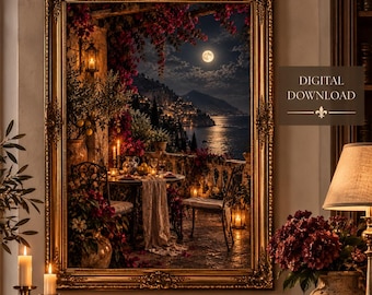 Amalfi Coast Wall Art, Mediterranean Terrace Print, Italian Coastal Wall Art, Positano Italy Decor, Moonlit Italy, Digital Download