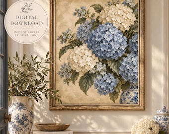 Blue Hydrangea Wall Art, Chinoiserie Floral Print, French Country Decor, Blue and White Botanical Art, Vintage Flower Digital Download