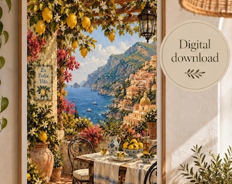 Amalfi Coast Wall Art, Italian Summer Print, Mediterranean Lemon Art, La Dolce Vita Decor, Italian Coastal Printable Art