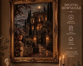 Tuscan Villa Wall Art, Moody Italian Landscape, Vintage Tuscany Print, Italian Countryside Art, Mediterranean Decor, Digital Download