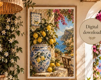 Amalfi Coast Lemon Wall Art, Italian Lemon Print, Mediterranean Kitchen Decor, Vintage Italy Printable Art, Digital Download