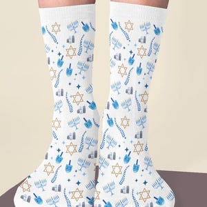 Festive Hanukkah Cushioned Crew Socks - Cozy Hanukkah Gift, Holiday Apparel, Unique Sock Design, Jewish Celebration Socks, Fun Holiday Wear