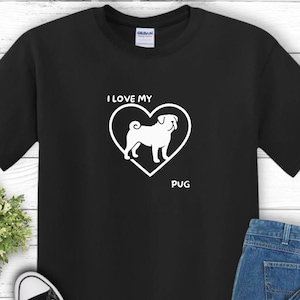 J'aime mon carlin T-shirt unisexe en coton épais | Jolie chemise pour amoureux des chiens, Cadeau pour les propriétaires de carlin, Vêtements pour amoureux des animaux de compagnie, Vêtements décontractés