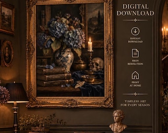Dark Floral Skull Wall Art, Gothic Botanical Print, Blue Hydrangea Still Life, Vintage Halloween Decor, Dark Academia Digital Download