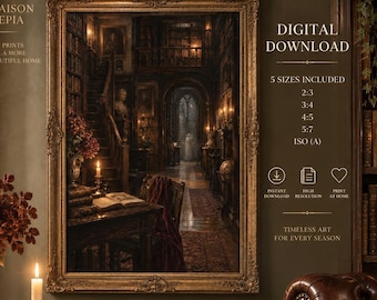 Haunted Library Wall Art, Vintage Ghost Print, Dark Academia Decor, Gothic Halloween Art, Moody Library Printable, Digital Download