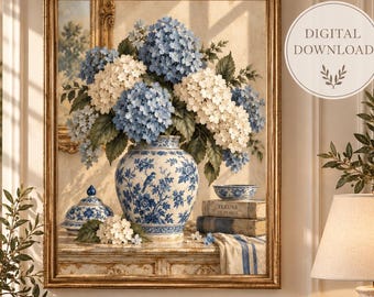 Blue Hydrangea Wall Art, Chinoiserie Wall Art, Grandmillennial Decor, Blue and White Floral Print, French Country Printable Art