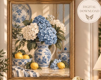 Hydrangea Lemon Wall Art, Blue Yellow Kitchen Decor, Chinoiserie Print, French Country Kitchen Art, Blue White Printable Art