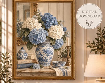 Blue Hydrangea Chinoiserie Wall Art, Grandmillennial Print, Blue White Ginger Jar Art, French Country Floral Printable, Digital Download