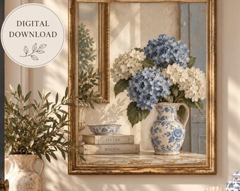 Blue Hydrangea Wall Art, Chinoiserie Vase Print, Grandmillennial Decor, French Country Floral Art, Blue White Digital Download