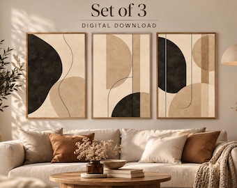 Black Beige Abstract Wall Art Set of 3, Organic Shapes Prints, Neutral Minimalist Wall Art, Modern Earth Tone, Minimalist Neutral Wall Art