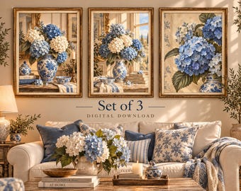 Blue Hydrangea Wall Art Set of 3, Chinoiserie Prints, Blue Flower Wall Decor, Blue and White Floral Art, Grandmillennial Printable Wall Art