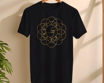フィボナッチTシャツ 黄金比 天体Tシャツ | 宇宙幾何学Tシャツ、黄金の円のスピリチュアルTシャツ、数学好きへのギフトに最適