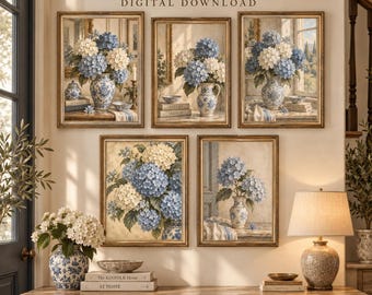 Blue Hydrangea Wall Art Set of 5, Chinoiserie Prints, French Country Wall Art, Grandmillennial Decor, Blue White Floral Printable