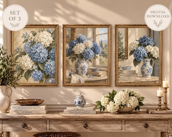 Blue Hydrangea Wall Art Set of 3, Chinoiserie Prints, French Country Wall Art, Grandmillennial Decor, Blue White Printable Art