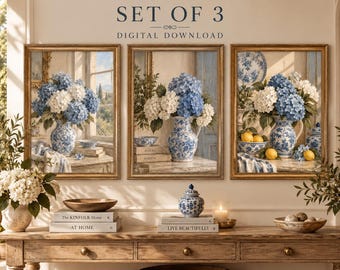 French Country Wall Art Set of 3, Blue Hydrangea Prints, Chinoiserie Wall Art, Blue White Floral Decor, Grandmillennial Printable Art