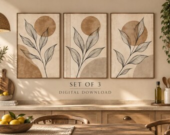 Black Beige Botanical Wall Art Set of 3, Modern Botanical Digital Download, Neutral Abstract Prints, Earthy Boho Wall Decor
