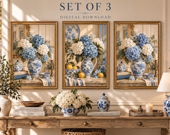 Blue Hydrangea Wall Art Set of 3, Chinoiserie Prints, Grandmillennial Decor, Blue White Floral Art, French Country Printable Wall Art
