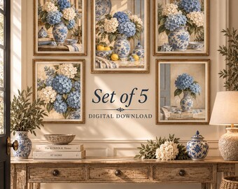 Blue Hydrangea Wall Art Set of 5, French Country Prints, Blue White Chinoiserie Art, Grandmillennial Floral Printable Decor