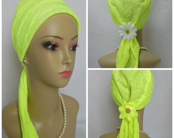 Wow Yellow Jersey Scarf Turban Lace 15"Ties, Volumizer Chemo Headwear Cover, Alopecia Head Covering, Cancer Patient Hat, Tichel, Beach Cap