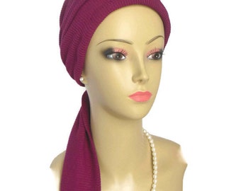 Jersey Scarf Turban Sangria Wine Sweater Knit 16"Ties Volumizer Chemo Headwear, Cancer Patient Scarf, Alopecia Head Cover, Tichel Mitpachat,