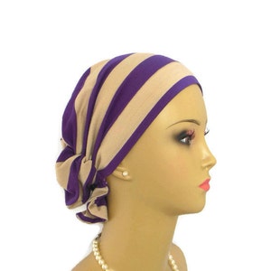 Hair Snood Purple & Taupe Stripe Jersey Turban, Volumizer Chemo Headwear, Cancer Patient Hat, Tichel Mitpachat Hair Cover, Beach Cap Reg-XL