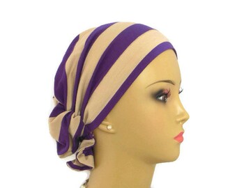 Hair Snood Purple & Taupe Stripe Jersey Turban, Volumizer Chemo Headwear, Cancer Patient Hat, Tichel Mitpachat Hair Cover, Beach Cap Reg-XL