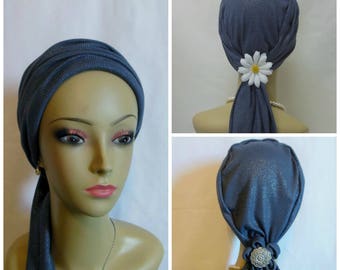 Metallic Blue Gray Jersey Scarf Turban 17" Ties, Volumizer Chemo Headwear, Cancer Patient hat, Alopecia Head Cover, Tichel Mitpachat Scarf