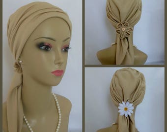 Jersey Scarf Turban Satin Vegas Gold 14" Ties, Volumizer Chemo Headwear, Cancer Patient Hat, Alopecia Head Cover, Tichel Mitpachat,Beach Cap