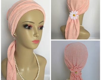 Scarf Turban: Peach Summer Sweater Knit 15"Ties  Volumizer Chemo Headwear, Cancer Patient Hat, Hair Covering, Tichel Head Wrap, Beach Scarf