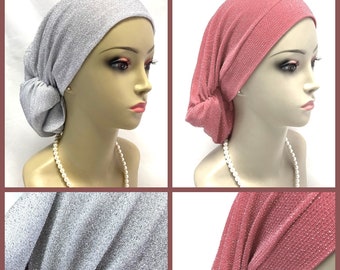 Metallic Hair Snood Coral Silver, Volumizer Chemo Headwear, Cancer Patient Hat, Hair Cover, Tichel  Mitpachat Head Wrap Reg-XL