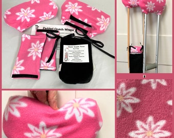 Starflowers on Pink Fleece Crutch Pads,Bounce Back Padding Crutch Cover,Crutch Phone Tote Bag,Cast Sock Toe Warmer Bootie,Stops Arm Pit Pain