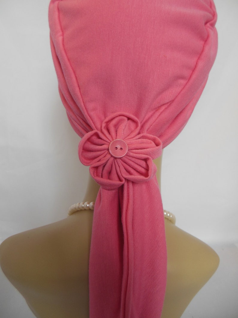 Scarf Turban: Deep Rose 14 Ties, Jersey Volumizer Chemo Headwear, Cancer Patient Hat,Alopecia Hair Cover, Tichel & Mitpachat Head Wrap image 3