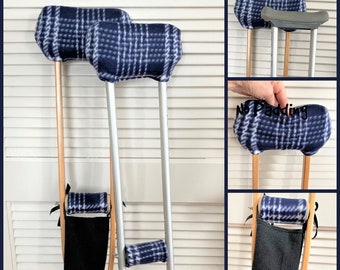White Navy Plaid Fleece Padded Crutch Wrap, Bounce Back Padding Crutch Cover, Crutch Phone Tote Bag, Toe Warmer Bootie Volleyball Cast Sock