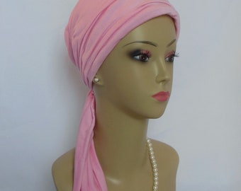 Scarf Turban:  Baby Pink 16"Ties, Jersey Volumizer Chemo Headwear, Cancer Patient Hat, Alopecia  Hair Cover, Tichel & Mitpachat Head Wrap