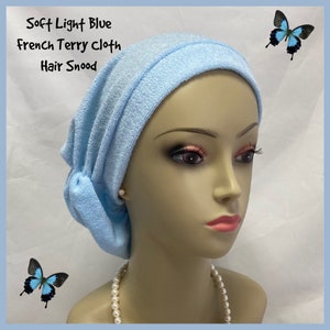 Light Blue French Terry Cloth Hair Snood Turban Volumizer Chemo Headwear, Tichel  Hair Cover, Beach Cap