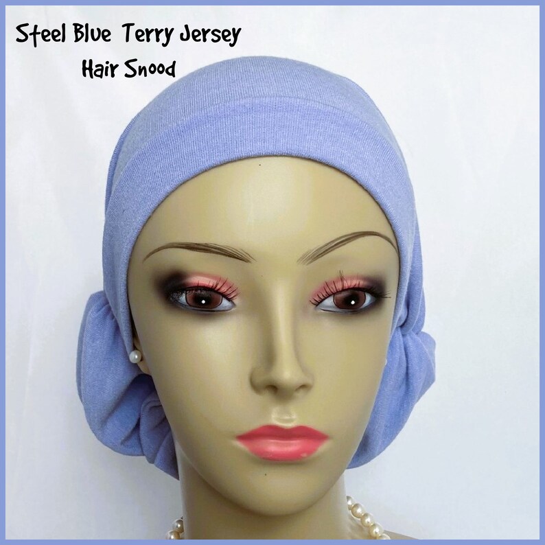 Lightweight Steel Blue Terry Hair Snood Jersey Turban, Volumizer Chemo Headwear, Cancer Patient Hair Cover, Tichel Mitpachat Head Wrap image 2